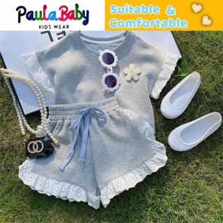 Paulababy Set Áo Thun Tay Ngắn & Quần Short In Hoa Cho Bé Gái