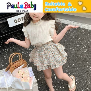 Paulababy Bộ thời trang cô gái Xiao Fei Sleeves Áo không tay+Váy ngắn Hàn Quốc dễ thương