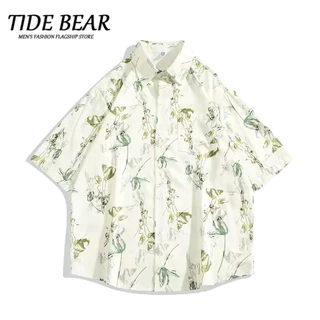 TIDE BEAR Mùa hè đầy đủ in áo sơ mi ngắn tay cho nam giới và phụ nữ Hawaii thời trang thương hiệu giản dị đôi áo sơ mi