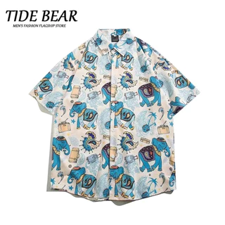 TIDE BEAR Mùa hè đầy đủ in áo sơ mi ngắn tay cho nam giới và phụ nữ Hawaii thời trang thương hiệu giản dị đôi áo sơ mi