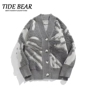 TIDE BEAR Cardigan cổ rộng phong cách hip-hop hình chữ V dành cho nam giới đường phố Mỹ