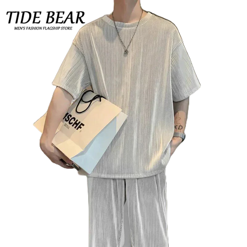 TIDE BEAR Bộ quần dài tay ngắn bằng lụa băng mùa hè dành cho nam cỡ lớn Bộ hai mảnh mát mẻ và cao cấp dành cho thể thao trung niên và thanh niên