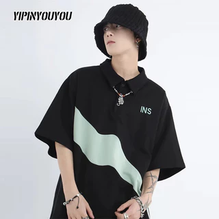 YIPINYOUYOU Áo sơ mi POLO nối màu tương phản dành cho nam, áo sơ mi POLO dáng rộng cổ điển thời trang Nhật Bản