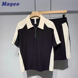 Bộ áo sơ mi polo nam mới của Magee, phiên bản Hàn Quốc, cổ điển, giản dị, cao cấp, mơ mát mẻ và thể thao, kết hợp với áo thun ngắn tay đẹp trai và quần short