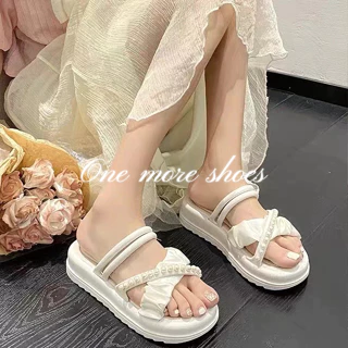 One more shoes⭐Dép nữ mới mùa hè phong cách cổ tích thời trang La Mã ngọc trai đế dày dép đi biển