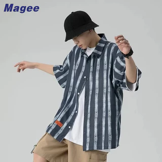 Magee Áo sơ mi nam mới phiên bản Hàn Quốc retro giản dị haute couture Hawaii sọc hoa áo sơ mi vẽ tay in dáng rộng đi biển kỳ nghỉ cặp đôi thời trang áo ngắn tay