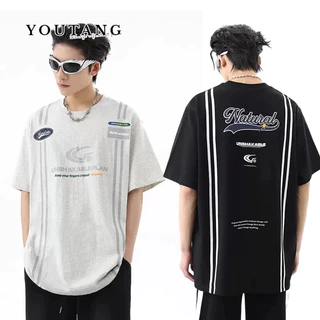 Youtang 2024 mùa hè retro sọc ngắn tay unisex Áo thun in chữ dáng rộng đường phố cao cấp Mỹ