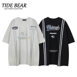 TIDE BEAR Áo thun nam ngắn tay  thời trang và phổ biến của Mỹ dáng rộng thường ngày in hình bình minh chất lượng cao phong cách trung tính phong cách Hồng Kông cổ tròn ngắn tay