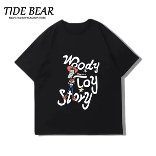 TIDE BEAR Áo thun nam ngắn tay  thời trang và phổ biến của Mỹ dáng rộng thường ngày in hình bình minh chất lượng cao phong cách trung tính phong cách Hồng Kông cổ tròn ngắn tay