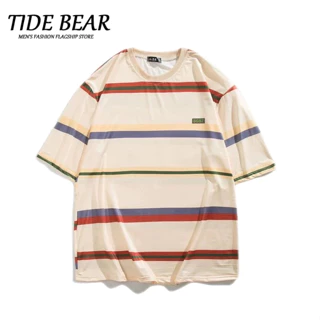 TIDE BEAR Áo thun nam ngắn tay  thời trang và phổ biến của Mỹ dáng rộng thường ngày in hình bình minh chất lượng cao phong cách trung tính phong cách Hồng Kông cổ tròn ngắn tay