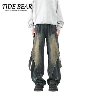 TIDE BEAR Phong cách Mỹ đường phố cao cấp retro công việc nặng nề cũ giặt quần jean nam giải cấu trúc và nối thiết kế ống thẳng quần ống rộng