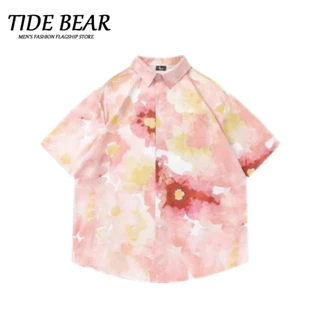 TIDE BEAR Áo sơ mi hoa tranh sơn dầu cổ điển Hawaii, áo sơ mi nam tay ngắn lười biếng thời trang Instagram giản dị đa năng nghệ thuật áo sơ mi nam