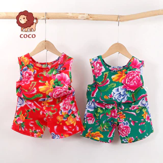 COCO Áo Vest Trẻ Em Phù Hợp Với Bé Trai Bé Gái Mùa Hè Mỏng Cotton Lụa Hoa Treo Quần Short Bé Dễ Thương Hai Mảnh Phù Hợp Với