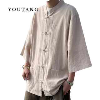 Youtang Áo sơ mi ngắn tay unisex phong cách Trung Quốc mới mùa hè Áo sơ mi cotton và vải lanh có nút phong cách Trung Quốc