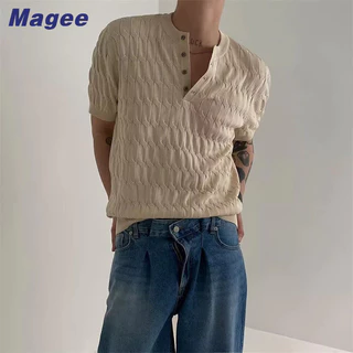 Magee Mới Nam Dệt Kim Áo Thun Hàn Quốc Retro Thường Ngày Cao Cấp Ice Silk Thoáng Mát Nửa Nút Thiết Kế Rời Và Trưởng Thành Thanh Niên Thời Trang Nửa Tay Áo