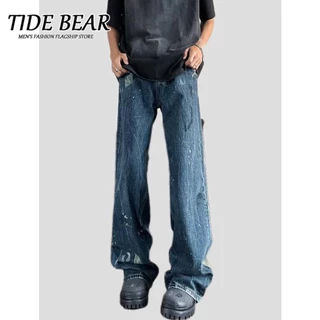 TIDE BEAR Phun mực Quần jean dây kéo đường phố cao cấp dành cho nam giới mùa xuân và mùa thu kiểu Mỹ Quần áo lao động rộng thùng thình chân dài