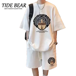 TIDE BEAR Quần short ngắn tay đặt nam mùa hè triều thương hiệu lỏng lẻo Waffle t-shirt nam một bộ với quần áo sinh viên đẹp trai