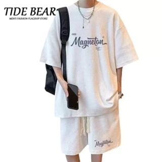 TIDE BEAR Waffle phù hợp với nam T-shirt quần short hai mảnh bộ cộng với kích thước Port Wind phong cách mới triều đại thương hiệu nam và nữ sinh viên hàng đầu