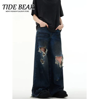 TIDE BEAR Phong cách phục cổ kiểu Mỹ, thiết kế lỗ cũ, quần jean, quần đùi rộng rãi.