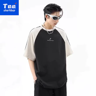 Áo thun Cotton ngắn tay nguyên chất nam mùa hè phong cách mới dáng rộng cổ tròn tương phản chắp vá hàng đầu