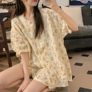 YAMI Bộ Đồ Ngủ Tay áo ngắn In Hình Hoạt Hình Ngọt Ngào Thời Trang Mùa Xuân Thu Dành pijama đồ mặc nhà nữ