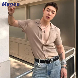 Magee Mới Nam Dệt Kim Phiên Bản Hàn Quốc Retro Cao Cấp Cao Cấp Ice Silk Mát Mỏng Màu Trơn Nặng Cặp Đôi Thời Trang Cổ Lật Cardigan