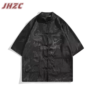 Áo sơ mi nam JHZC mùa hè Nhật Bản retro mới phong cách Trung Quốc họa tiết rồng jacquard tấm khóa thiết kế cặp đôi dáng rộng giản dị áo sơ mi ngắn tay