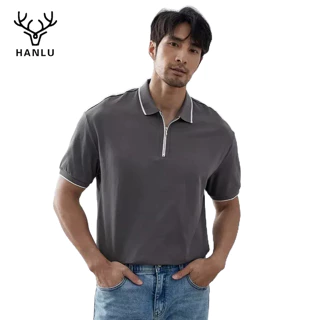 Áo sơ mi POLO nam HANLU, phong cách nhẹ nhàng và trưởng thành, tay ngắn ve áo, vải dệt kim màu tương phản mới