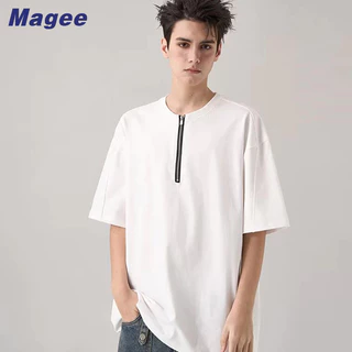 Magee Mới Áo Thun Nam Hàn Quốc Retro Cổ Cao Cấp Màu Trơn Nửa Dây Kéo Thiết Kế Hip Hop Thanh Niên Cặp Đôi Thời Trang Cổ Tròn Nửa Tay Top