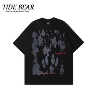 TIDE BEAR Áo thun nam nữ, áo ngắn tay mới, cổ tròn hợp thời trang Hàn Quốc dáng rộng và đa năng áo sơ mi nửa tay mờ