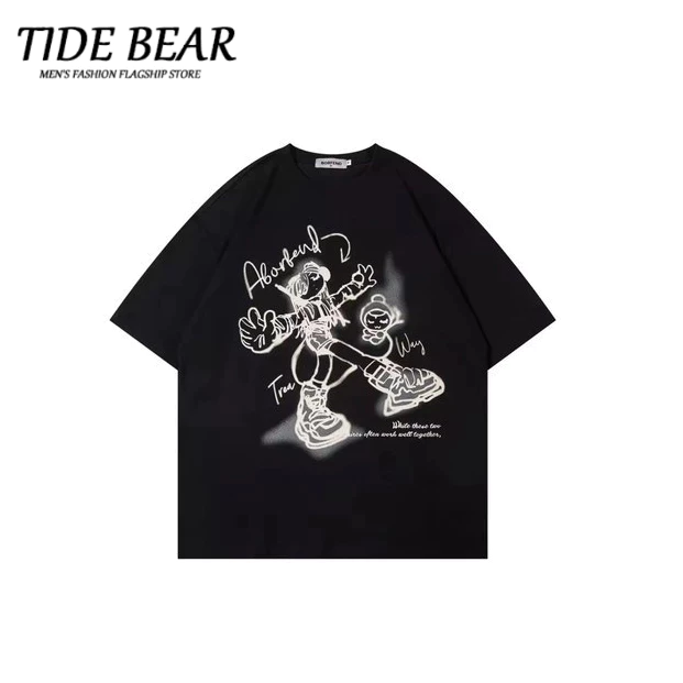 TIDE BEAR Áo thun ngắn tay cơ bản hạng nặng mùa hè dành cho nam và nữ, áo graffiti chữ hip-hop Mỹ