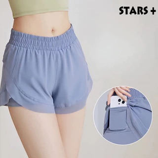 [Giao hàng 48h] Big Size S-2XL, Quần đùi tập gym yoga chạy bộ nữ 2 lớp kèm túi đựng điện thoại