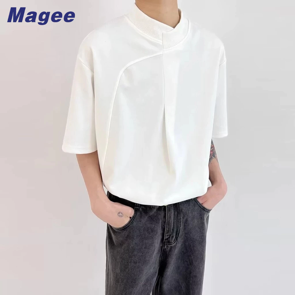 Magee Mới Áo Thun Nam Hàn Quốc Retro Thường Ngày Cao Cấp Màu Trơn Không Đều Thiết Kế Pháp Rời Teen Cặp Đôi Thời Trang Cổ Tròn Nửa Tay Top