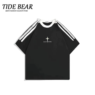 TIDE BEAR Áo thun nam tay ngắn cổ tròn rộng thời trang đường phố Mỹ cá tính