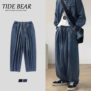 TIDE BEAR Phong cách Nhật Bản giặt và đau khổ màu xanh treo quần rộng nam co giãn eo hợp thời trang thương hiệu quần denim rộng rãi