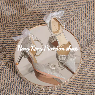 Hong Kong Premium shoes❥(^_-) Giày cao gót cổ tích pha lê bạc cưới cô dâu giày cao gót kiểu Pháp dép mới