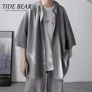 TIDE BEAR Áo Sơ Mi Nam Ins Phong Cách Hồng Kông Phong Cách Nhật Bản Có Mũ Trùm Đầu Nửa Tay Áo Sơ Mi Mỏng Rời