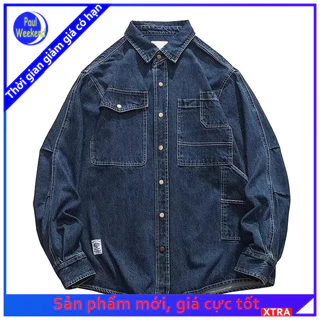 PAULWEEKEND  Áo sơ mi denim bỏ túi cổ điển kiểu Mỹ nam áo khoác dài tay dáng rộng