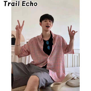 Áo sơ mi kẻ sọc nam Trail Echo mùa hè Mỹ cổ điển đường phố giản dị đa năng phong cách ins cổ áo ngắn tay