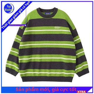 PaulWeekend Áo sweater Kẻ Sọc Xám Xanh Lá Thêu Chữ Thời Trang Cao Cấp Không Thấm Dầu Mùa Thu Đông Cho Nam Và Nữ