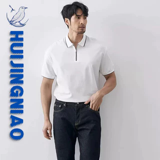 Huijingniao Áo sơ mi Polo ngắn tay nam giản dị phong cách Hàn Quốc ve áo thun tương phản hợp thời trang hàng đầu