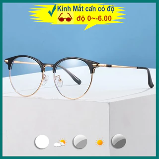 Mắt Kính Kính Cận Gọng Tròn Kim Loại Đổi Màu Chống Tia UV Ánh Sáng Xanh Thời Trang Nam Nữ Kính【Cắt Cận Thị Ống Kính 0~-6 Độ 】