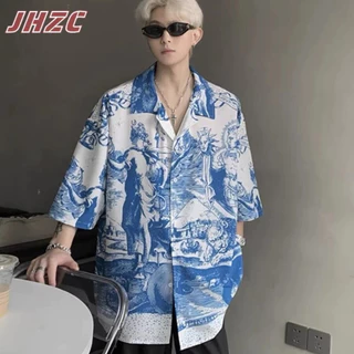 Jhzc Áo Sơ Mi Nam Mỹ Retro ins Xu Hướng Full In Hình Đi Biển Kỳ Nghỉ Thường Ngày Rời Tay Ngắn Top