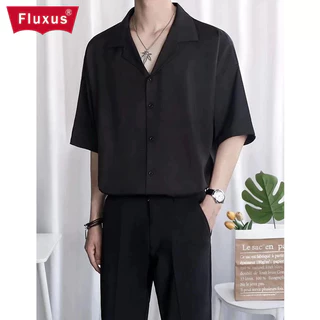 Áo sơ mi trắng Fluxus nam tay ngắn mỏng phong cách Hàn Quốc hợp thời trang dáng rộng cổ Cuba áo sơ mi đen