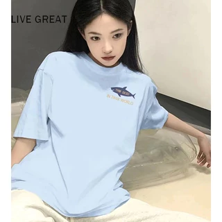 Áo thun nữ Live GREAT in hình ngắn tay thời trang mùa hè Hàn Quốc màu xanh cho bé
