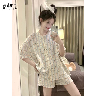 YAMI bộ đồ ngủ Tay áo ngắn cotton Gấu hoạt hình Dễ thương pijama đồ mặc nhà nữ