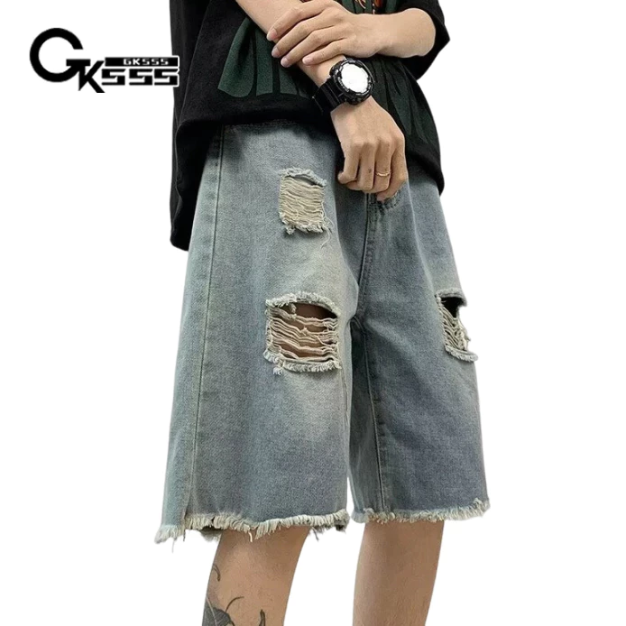 Quần short denim nam Gksss, kiểu retro Mỹ, dáng rộng giản dị, thiết kế viền thô, quần short denim rách