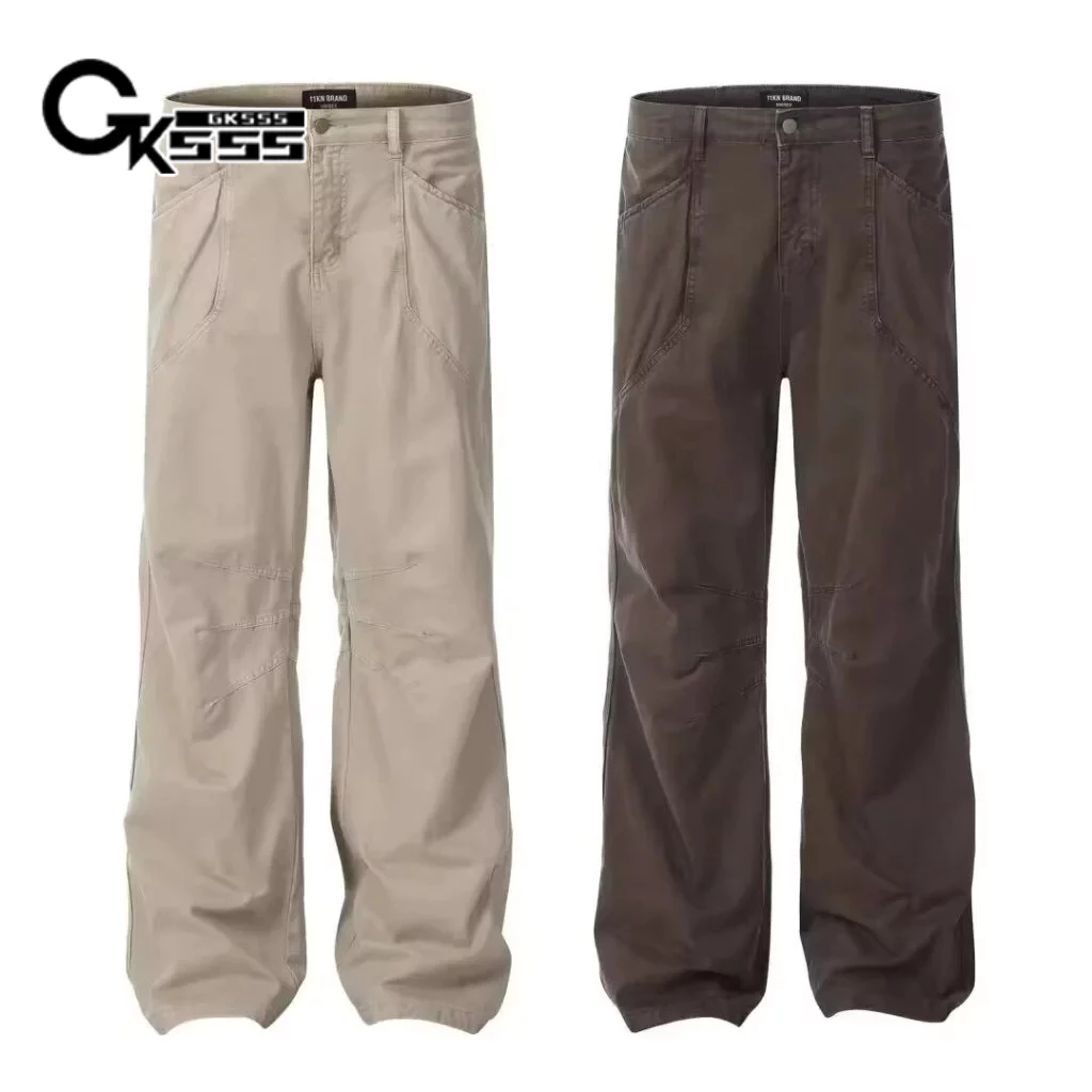 Quần jean nam Gksss phong cách Maillard dáng rộng thiết kế xếp ly thông thường giặt quần bảo hộ lao động
