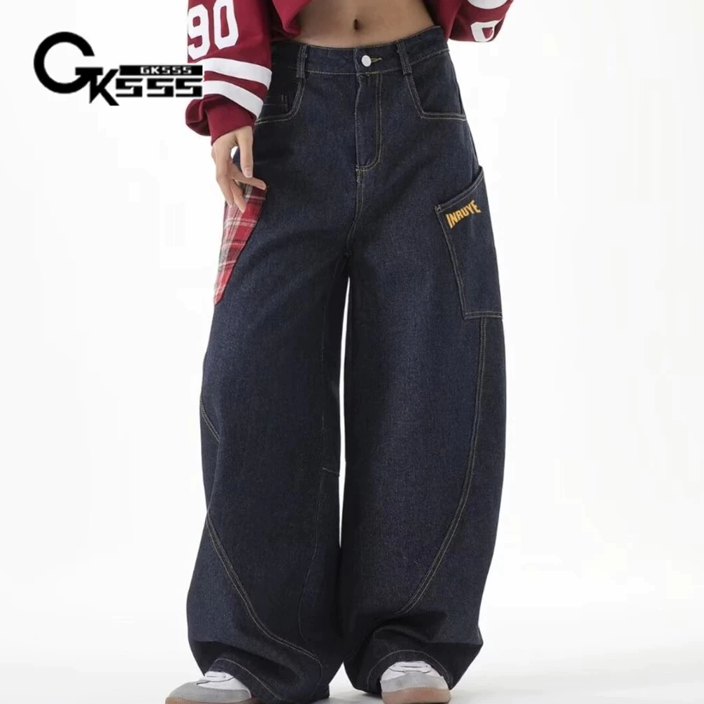 GKSSS Quần jean nam, dáng rộng và giản dị cổ điển Mỹ, thiết kế chắp vá, phong cách unisex