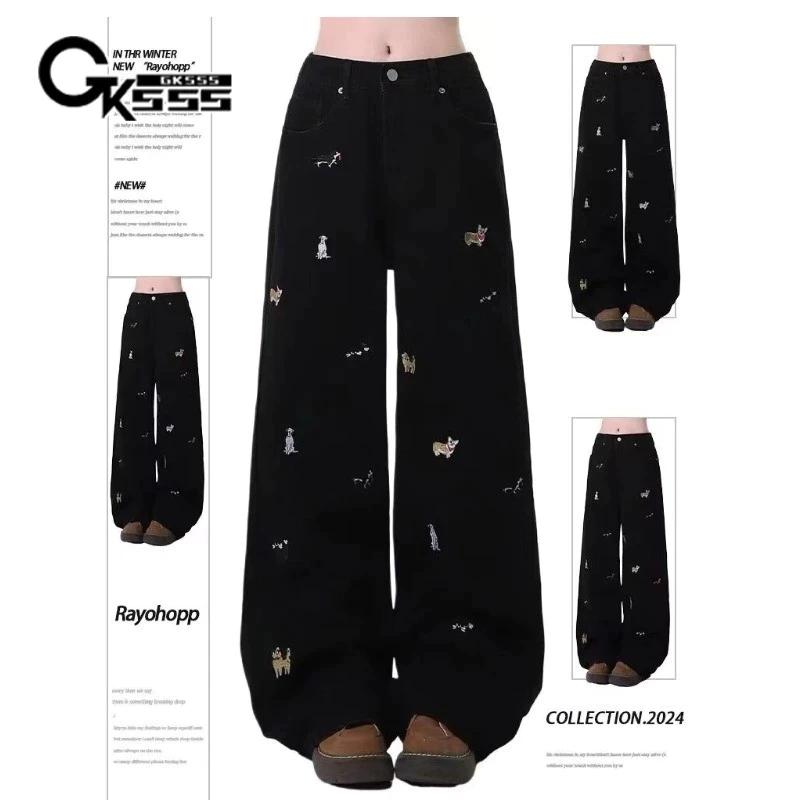 Quần jean nam Gksss Mỹ retro dáng rộng giản dị vui nhộn chó con quần jean phong cách trung tính chất lượng cao